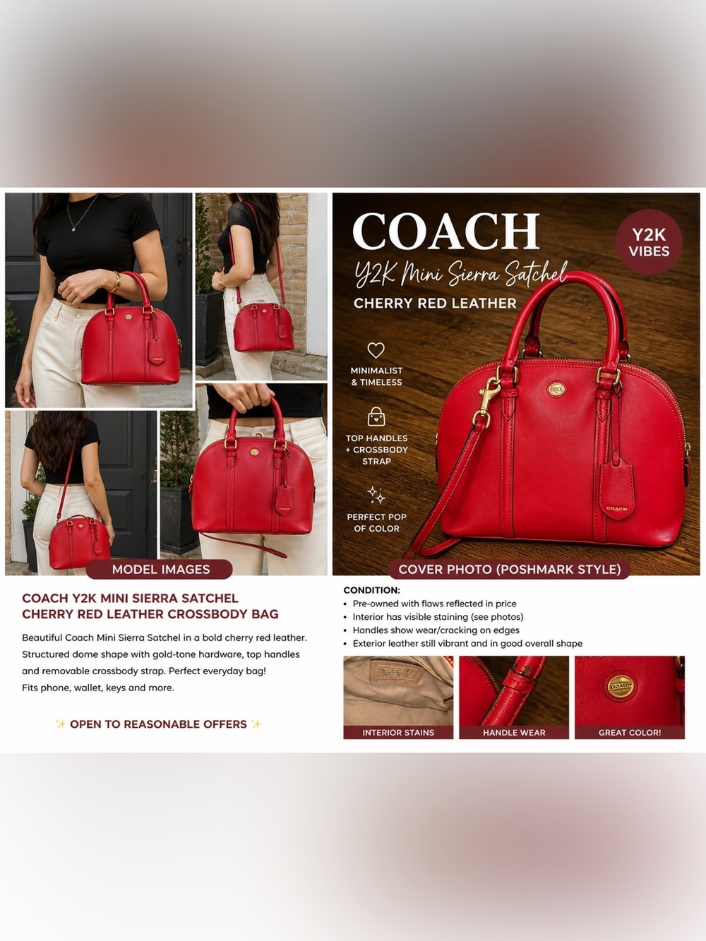 Coach Y2K Mini Sierra Satchel 
 Cherry Red Leather Satchel Minimalist Fashion